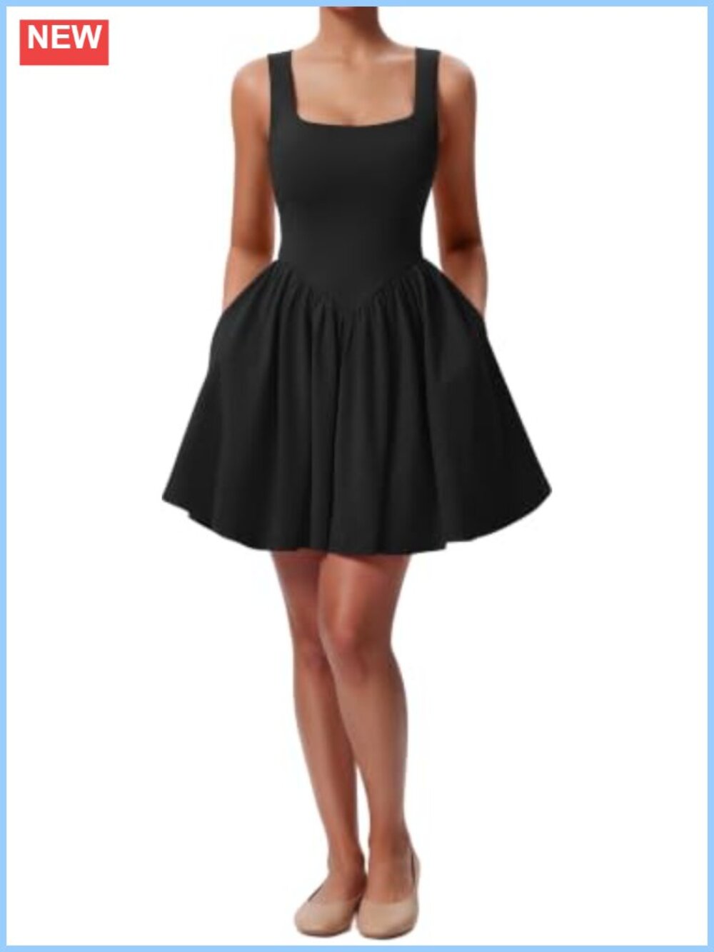 Women's Sleeveless Square Neck A-Line Mini Dress with Pockets